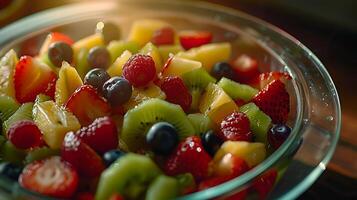 ai generiert beschwingt Obst Salat entzückend gefangen im Sanft Licht mit ein 50mm Linse foto