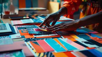 ai generiert Designer umarmt Kreativität mit Tablette und Grafik Werkzeuge umgeben durch Farbe Farbfelder foto