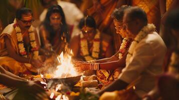 ai generiert traditionell Hindu Hochzeit Braut Bräutigam Familie und Priester ausführen heilig Feuer Rituale im traditionell Kleidung foto