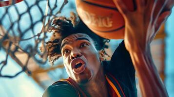 ai generiert heftig Fokus Basketball Spieler Schießen das Ball im in der Luft gefangen mit 200mm Linse foto