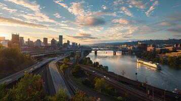 ai generiert Stadt Horizont und Fluss ein Transport Infrastruktur Tapisserie gefangen im breit Tele Schuss foto