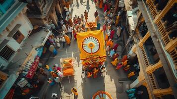 ai generiert beschwingt Hindu Festival Prozession traditionell Kleidung bunt Banner und religiös Symbole im ein Straße Parade foto