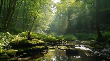 ai generiert still Yoga trainieren im sonnendurchflutet Wald Lichtung lädt ein ruhig Betrachtung und innere Frieden foto