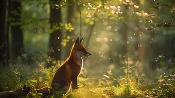 ai generiert zauberhaft Tierwelt Fuchs Hirsch und Naturen Anmut im still Wald Clearing foto