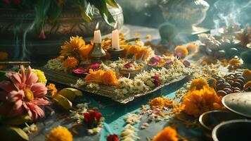 ai generiert traditionell Hindu Puja Zeremonie Angebot Blumen Früchte und Weihrauch auf dekorativ Altar foto