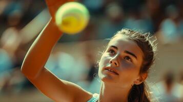 ai generiert sonnig Gericht Showdown weiblich Tennis Spieler dient Leistung Schuss im Tele Nahansicht foto