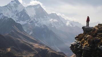 ai generiert Tourist überlegt majestätisch Berg Landschaft von Cliff Gipfel foto