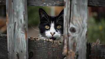 ai generiert neugierig Katze spähen durch rustikal Zaun im Hinterhof Garten foto
