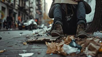 ai generiert obdachlos Person sitzt inmitten Stadt Bürgersteig Müll halten Zeichen gefangen im Nahansicht 50mm Schuss foto