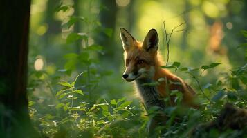 ai generiert anmutig Fuchs und still Hirsch Enthüllung das unerzählt Geschichten von das üppig Grün Wald foto