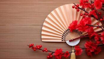 ai generiert japanisch Kultur falten Fan, Hand Fan, Holz, Material, generiert durch ai foto