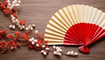 ai generiert japanisch Hand Fan, ein rustikal Souvenir, fügt hinzu Eleganz zu Dekoration generiert durch ai foto