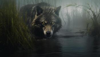 ai generiert Wolf Heulen im das Wildnis, reflektieren auf Ruhe generiert durch ai foto