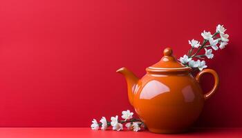 ai generiert süß Teekanne Dekoration auf rot Hintergrund, feiern Chinesisch Kultur generiert durch ai foto