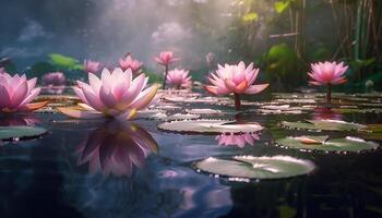 ai generiert schön Rosa Lotus Blume schwebend auf still Teich generiert durch ai foto