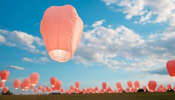 ai generiert fliegend heiß Luft Ballon im Blau Himmel, Sommer- Feier generiert durch ai foto