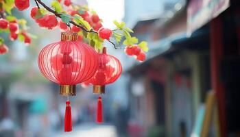 ai generiert Chinesisch Laternen erleuchten das Nacht, feiern traditionell Feste draußen generiert durch ai foto
