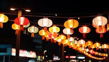ai generiert Chinesisch Laternen erleuchten das Nacht, beschwingt Symbole von traditionell Feier generiert durch ai foto