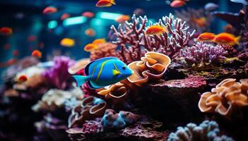 ai generiert bunt Clown Fisch schwimmen im ein beschwingt unter Wasser Riff generiert durch ai foto