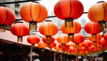 ai generiert Chinesisch Laternen hängend im Chinatown erleuchten das Nacht mit beschwingt Farben generiert durch ai foto