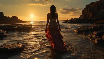 ai generiert jung Frau genießt heiter Sonnenuntergang auf das Küste generiert durch ai foto