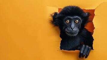 ai generiert ein humorvoll Gibbon Gleichaltrigen durch ein zerrissen Loch im ein Kontrast Pastell- Farbe Papier Hintergrund, ai generiert foto