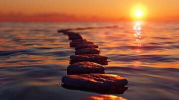ai generiert Folgen das Zen Pfad von Steine auf ein Breitbild Sonnenuntergang, ein still Reise in das beruhigend Umarmung von Natur. ai generiert. foto