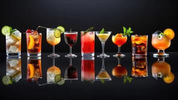 ai generiert Sortiment von verschiedene Cocktails vorgestellt auf ein glatt schwarz Hintergrund, Angebot ein anspruchsvoll Anzeige. ai generiert. foto