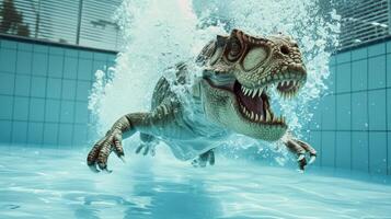 ai generiert komisch unter Wasser Szene Dinosaurier im Schwimmbad Theaterstücke tief tauchen Aktion, ai generiert. foto