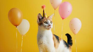 ai generiert bezaubernd Katze auf ein sonnig Gelb Hintergrund, perfekt zum ein heiter Geburtstag Karte, ai generiert. foto