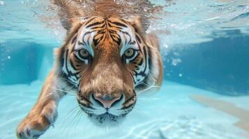 ai generiert komisch unter Wasser Szene Tiger im Schwimmbad Theaterstücke tief tauchen Aktion, ai generiert. foto