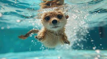 ai generiert komisch unter Wasser Szene Erdmännchen im Schwimmbad Theaterstücke tief tauchen Aktion, ai generiert. foto