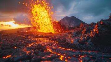 ai generiert vulkanisch Eruption mit fließend Lava schafft ein faszinierend Schauspiel. ai generiert foto