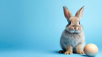 ai generiert Ostern Hase Hase halten ein Blau gemalt Ei gegen ein Blau Hintergrund, feiern das Ostern Urlaub Konzept, ai generiert foto