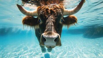 ai generiert komisch unter Wasser Szene Ochse im Schwimmbad Theaterstücke tief tauchen Aktion, ai generiert. foto