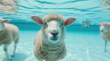 ai generiert komisch unter Wasser Szene Schaf im Schwimmbad Theaterstücke tief tauchen Aktion, ai generiert. foto