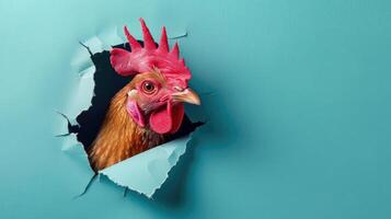 ai generiert ein humorvoll Henne Gleichaltrigen durch ein zerrissen Loch im ein Kontrast Pastell- Farbe Papier Hintergrund, ai generiert foto
