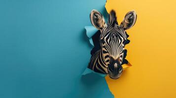 ai generiert lustig Zebra Gleichaltrigen durch zerrissen Loch gegen beschwingt Papier Hintergrund. ai generiert. foto