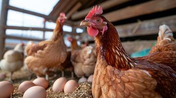 ai generiert Henne liegt Eier unter Hühner im bio Bauernhof coop. ai generiert foto