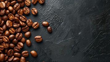 ai generiert frisch Kaffee Bohnen auf ein dunkel Hintergrund mit reichlich Raum zum Text. ai generiert. foto