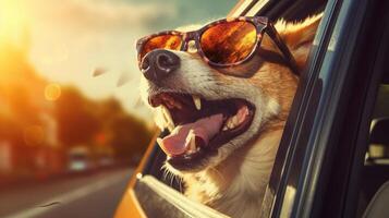 ai generiert froh Hund genießt Auto Fahrt, Kopf aus Fenster mit Gläser, ai generiert foto