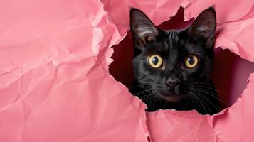 ai generiert ein humorvoll Katze Gleichaltrigen durch ein zerrissen Loch im ein Kontrast Pastell- Farbe Papier Hintergrund, ai generiert foto