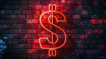 ai generiert Neon- Zeichen im das gestalten von ein Dollar Symbol auf ein Backstein Wand, ausstrahlen ein beschwingt glühen. ai generiert. foto