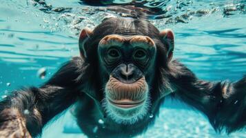 ai generiert komisch unter Wasser Szene Schimpanse im Schwimmbad Theaterstücke tief tauchen Aktion, ai generiert. foto