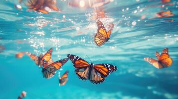 ai generiert komisch unter Wasser Szene Schmetterling im Schwimmbad Theaterstücke tief tauchen Aktion, ai generiert. foto