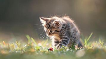 ai generiert künstlerisch Darstellung von ein jung Katze oder Kätzchen Jagd ein Marienkäfer, mit von hinten beleuchtet Ambiente Hinzufügen Theater, ai generiert. foto