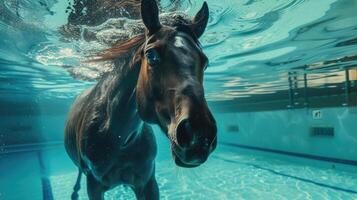 ai generiert komisch unter Wasser Szene Pferd im Schwimmbad Theaterstücke tief tauchen Aktion, ai generiert. foto