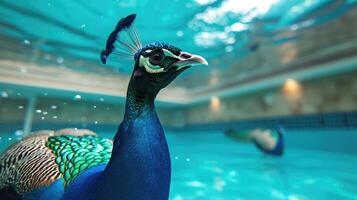 ai generiert komisch unter Wasser Szene Pfau im Schwimmbad Theaterstücke tief tauchen Aktion, ai generiert. foto