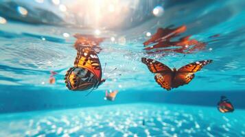 ai generiert komisch unter Wasser Szene Schmetterling im Schwimmbad Theaterstücke tief tauchen Aktion, ai generiert. foto