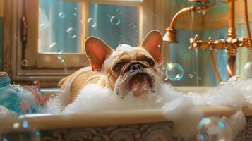 ai generiert ein komisch Hund genießt ein Blase Bad, umgeben durch schaumig Blasen, Hinzufügen ein spielerisch Charme zu Bad Zeit, ai generiert foto